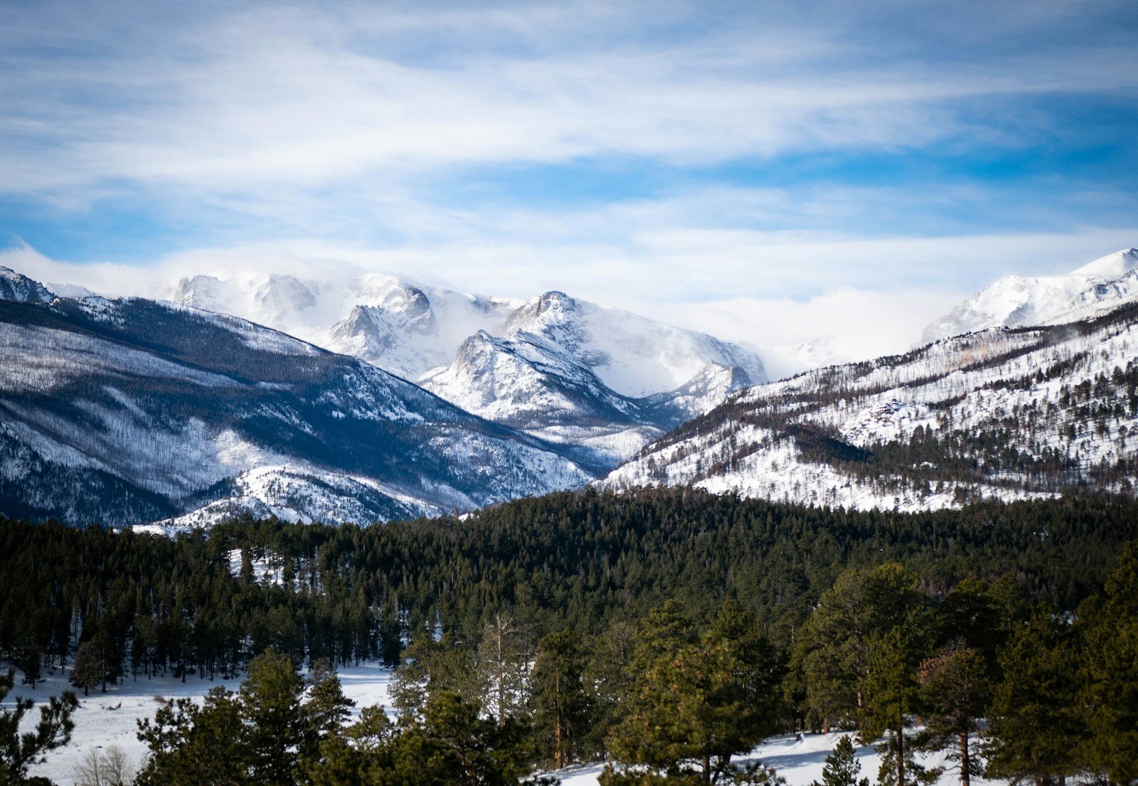 Snow-covered peaks and evergreen forest in Rocky Mountain National Park, Colorado